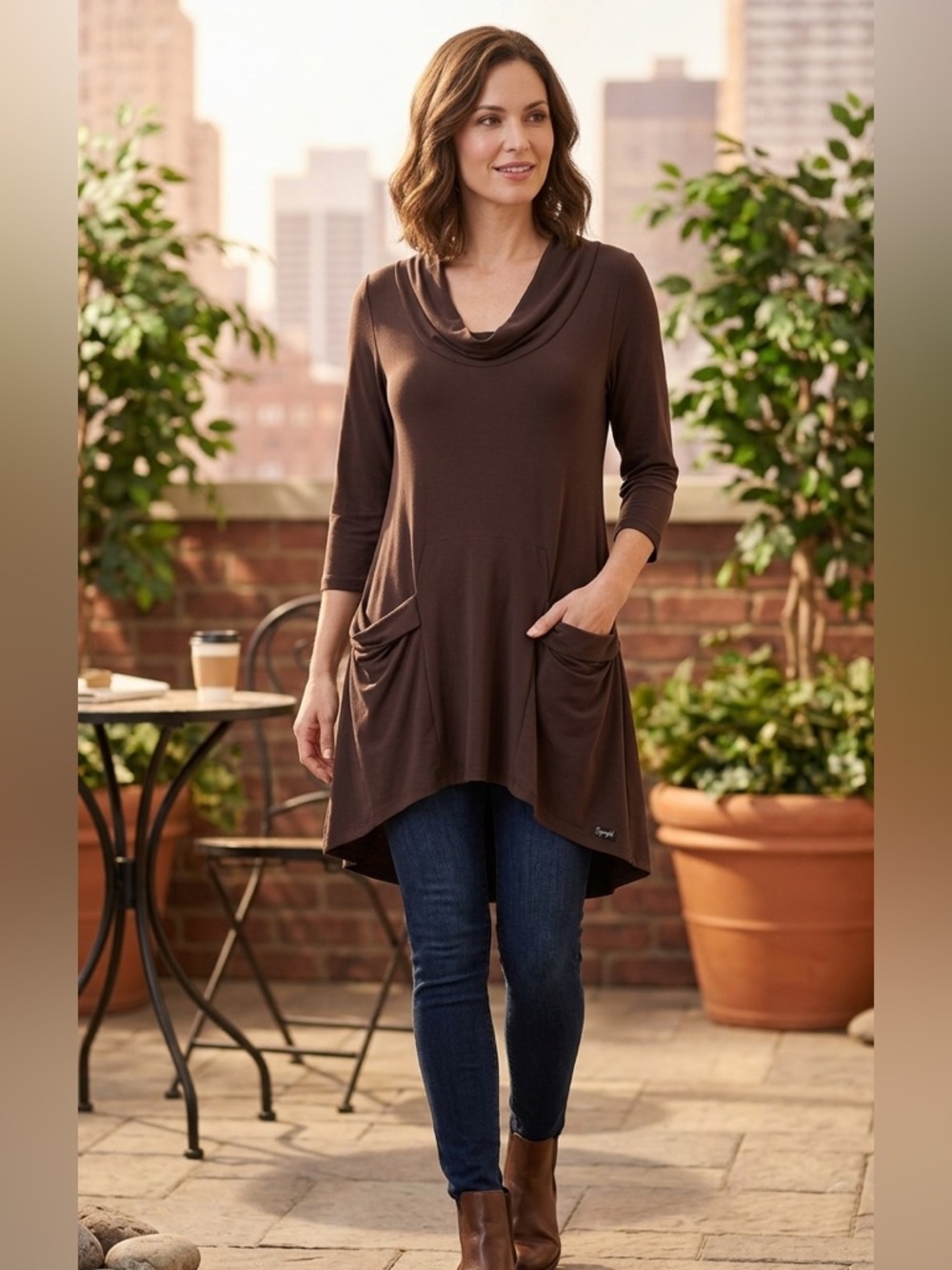 Sympli Chocolate Brown Cowl Neck Tunic with Front Pockets